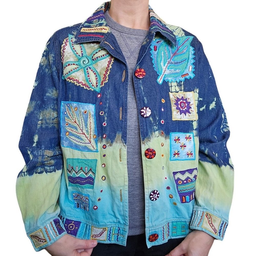 90s Denim Tiedye Patchwork Art To Wear Jacket Medium‎ Embroidered Statement Blue